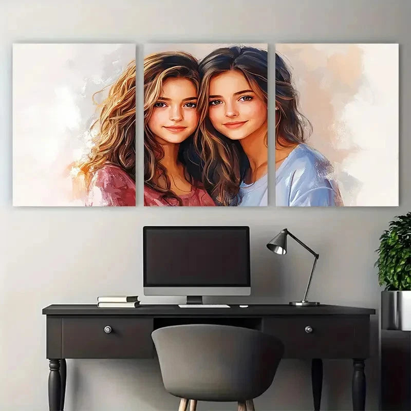 3pcs Mom Daughter Family Portrait Illustration Wall Art Set Canvas Framed 40x60cm - High Quality Print 100% Australian Made Wall Canvas Ready to Hang