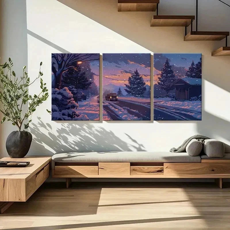 3pcs Snow Road Car & Cabin Vintage Wall Art Set Canvas Framed 40x60cm - High Quality Print 100% Australian Made Wall Canvas Ready to Hang