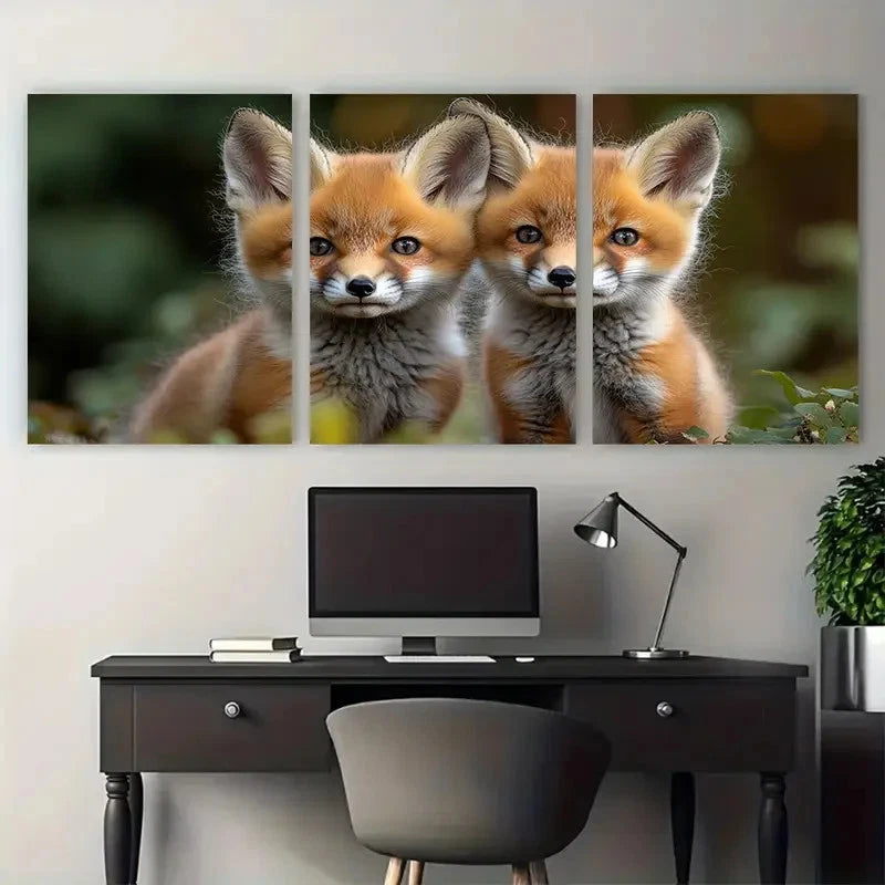 3pcs Curious Fox Kits Exploring Woodland Nature Metal Print Ready to Hang Art