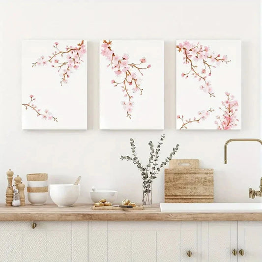 3pcs Cherry Blush Pink Flower Watercolor Metal Print Ready to Hang Art