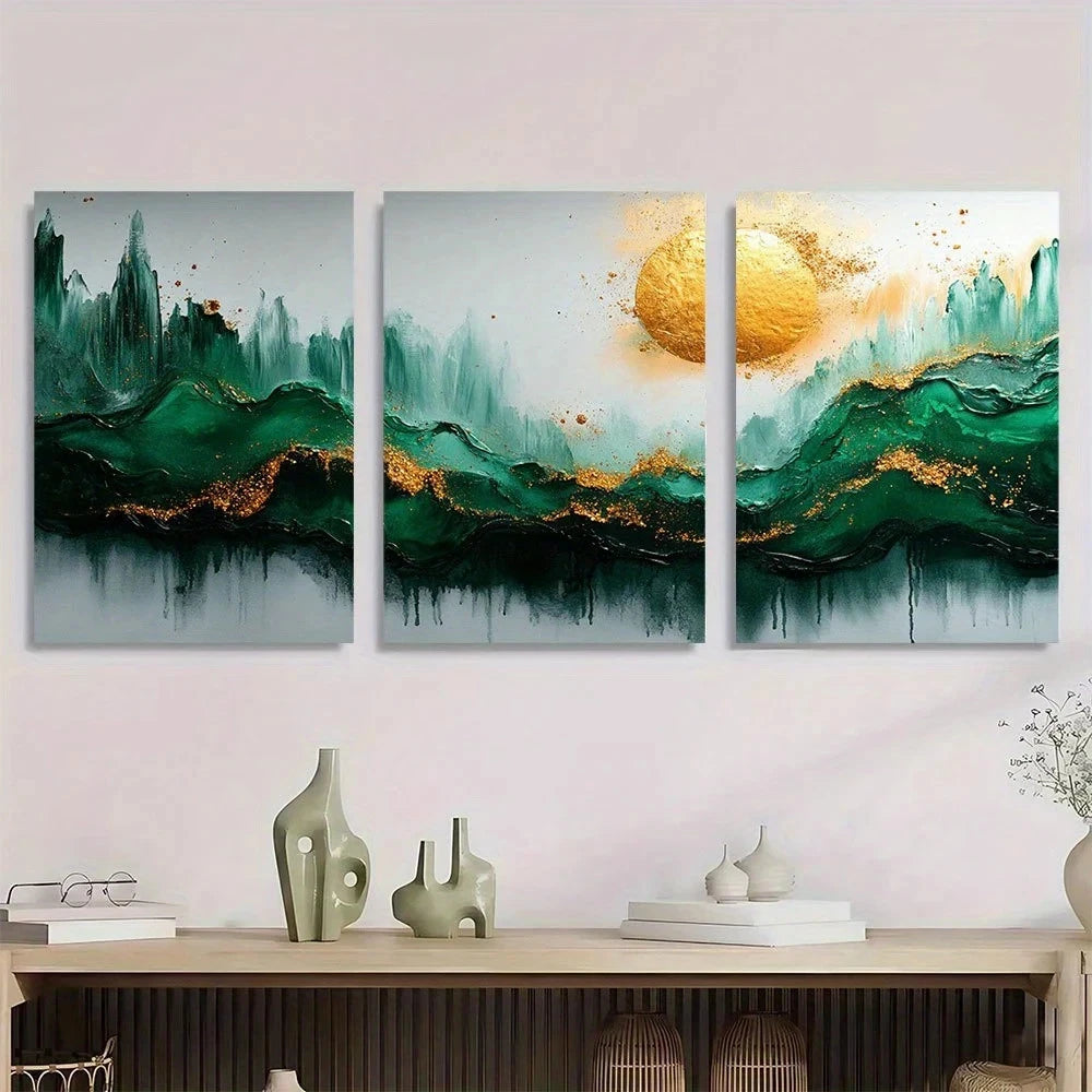 3pcs Green And Silvery Golden Leaf Splashes Metal Print Ready to Hang Art