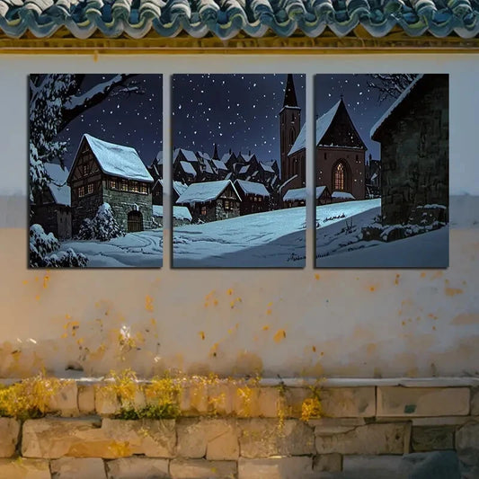 3pcs Winter Village Snowy Landscape Scene Metal Print Ready to Hang Art