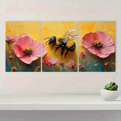 3pcs Colorful Honeybee and Pink Flowers Metal Print Ready to Hang Art