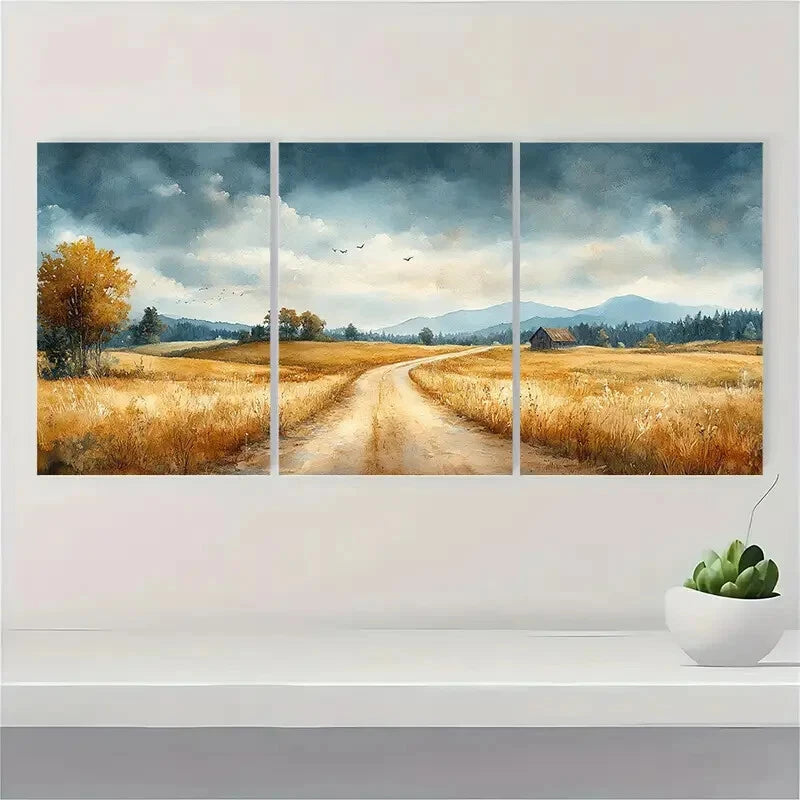 3pcs Watercolor Country Road Metal Print Ready to Hang Art