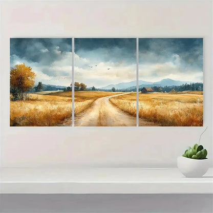 3pcs Watercolor Country Road Metal Print Ready to Hang Art