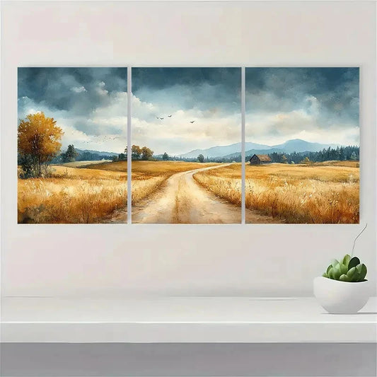 3pcs Watercolor Country Road Metal Print Ready to Hang Art