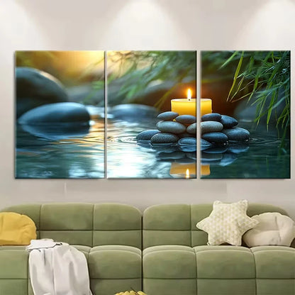 3pcs Bamboo Zen Scene Stacked Pebbles Metal Print Ready to Hang Art
