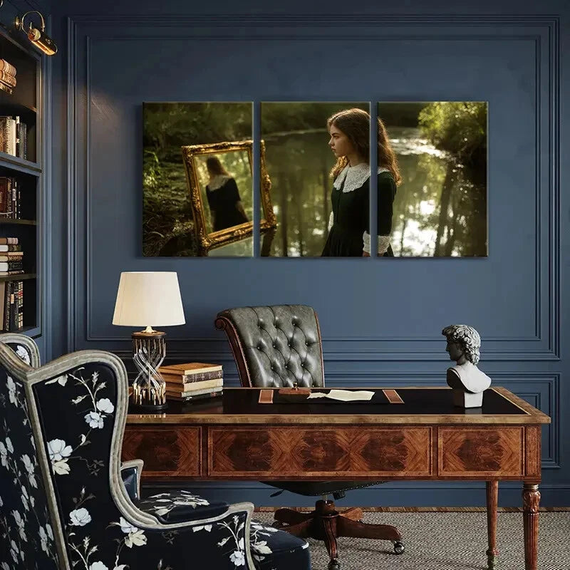 3pcs Woman Reflection Mirror Forest Scene Metal Print Ready to Hang Art