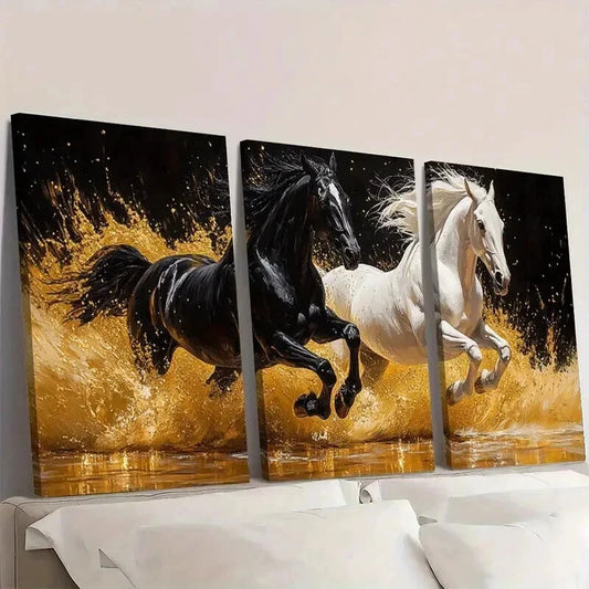 3pcs Black & White Horses with Golden Accents Wall Art Set Canvas Framed 40x60cm - High Quality Print 100% Australian Made Wall Canvas Ready to Hang