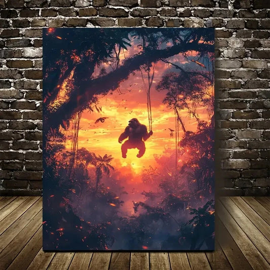 Gorilla Swing Scene with Vibrant Sunset Painting 40x60cm Metal Print Ready to Hang