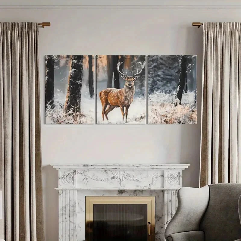 3pcs Winter Forest Deer Art Snowy Landscape Metal Print Ready to Hang Art