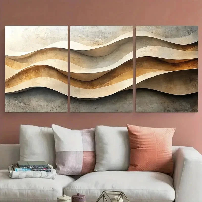 3pcs Serene Beige Minimalist Soft Shapes Metal Print Ready to Hang Art