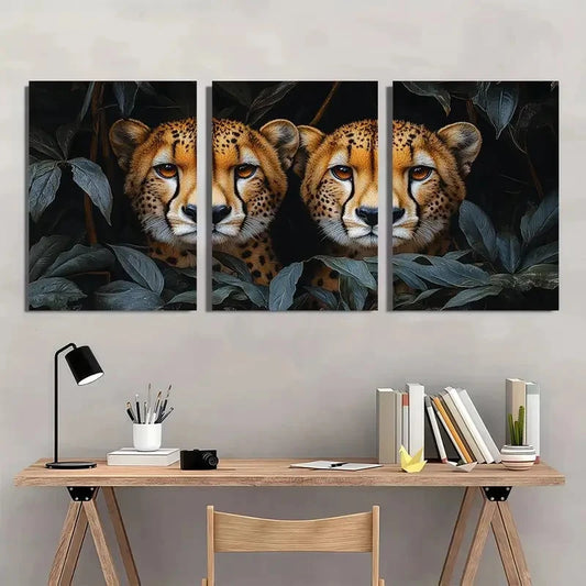 3pcs Animal Theme Cheetahs Green Leaves Wall Art Set Canvas Framed 40x60cm - High Quality Print 100% Australian Made Wall Canvas Ready to Hang
