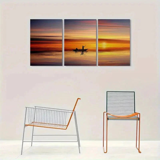 3pcs Sunset Serenity Fishing Boat Metal Print Ready to Hang Art