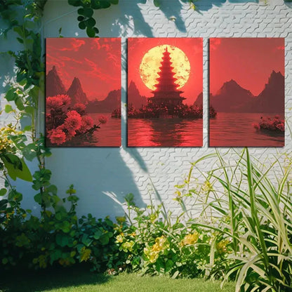 3pcs Vibrant Ancient Pagoda and Moon Metal Print Ready to Hang Art