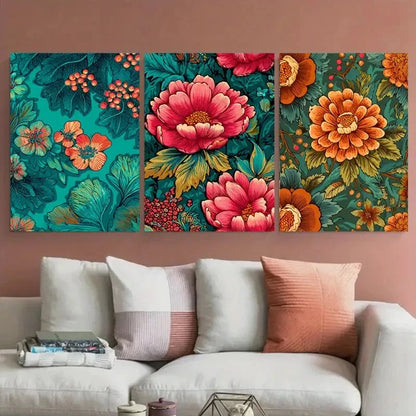 3pcs Vintage Bangkok Floral Thailand Design Wall Art Set Canvas Framed 60x90cm - High Quality Print 100% Australian Made Wall Canvas Ready to Hang