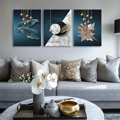 3pcs Blue and Golden Modern Painting Metal Print Ready to Hang Art