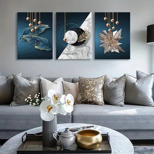 3pcs Blue and Golden Modern Painting Metal Print Ready to Hang Art