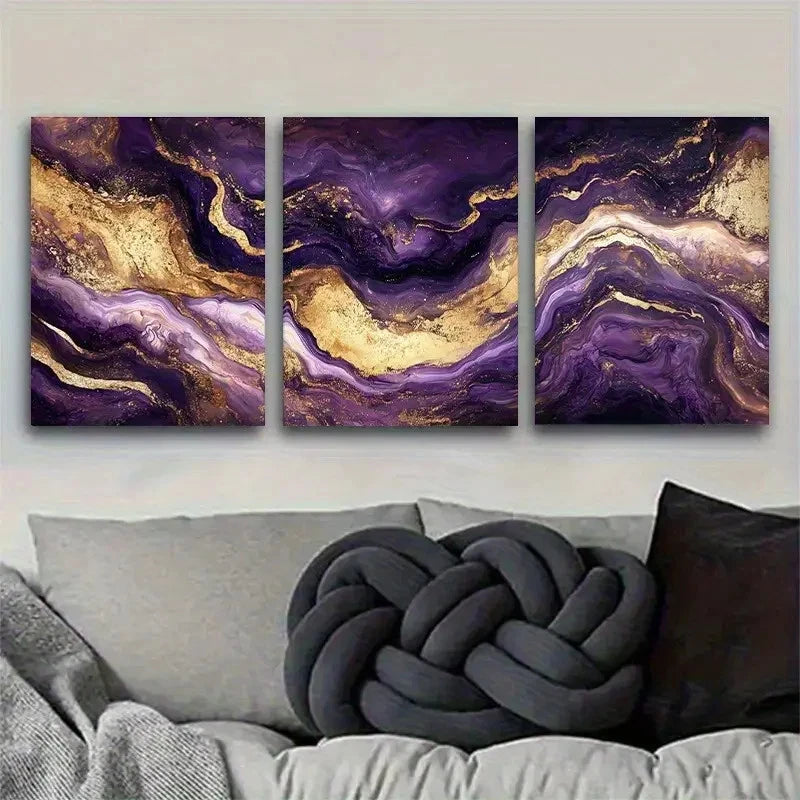 3pcs Elegant Purple Golden & Black Marble Design Metal Print Ready to Hang Art