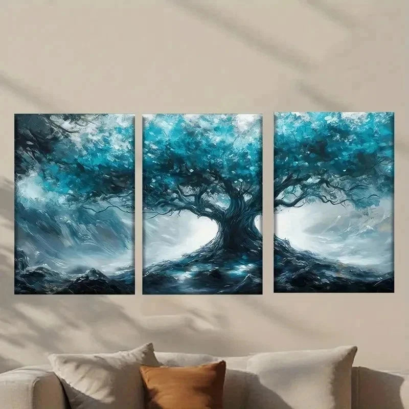 3pcs Tree with Glowing Blue Leaves Wall Art Set Canvas Framed 40x60cm - High Quality Print 100% Australian Made Wall Canvas Ready to Hang
