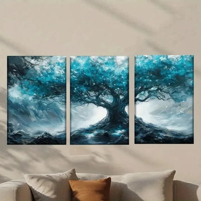 3pcs Tree with Glowing Blue Leaves Wall Art Set Canvas Framed 40x60cm - High Quality Print 100% Australian Made Wall Canvas Ready to Hang