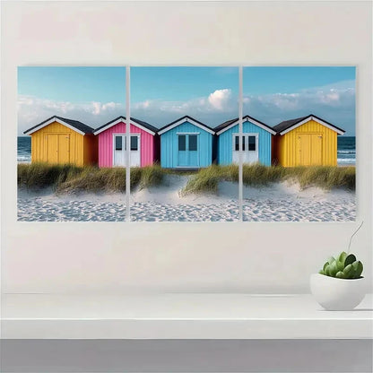 3pcs Pastel Summer Seaside Beach Huts Art Metal Print Ready to Hang Art