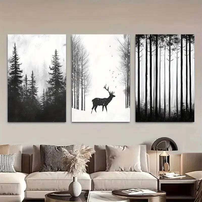 3pcs Deer in Winter Forest Nature Design Metal Print Ready to Hang Art