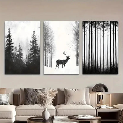 3pcs Deer in Winter Forest Nature Design Metal Print Ready to Hang Art