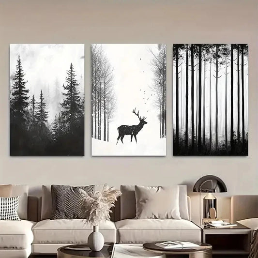 3pcs Deer in Winter Forest Nature Design Metal Print Ready to Hang Art