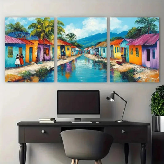 3pcs Vibrant Haiti Street Scene Bassin Bleu Travel Metal Print Ready to Hang Art