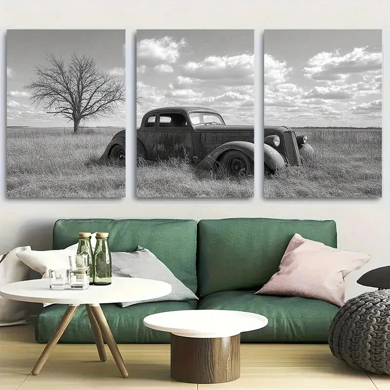 3pcs Black and White Old Timer's Last Ride Metal Print Ready to Hang Art