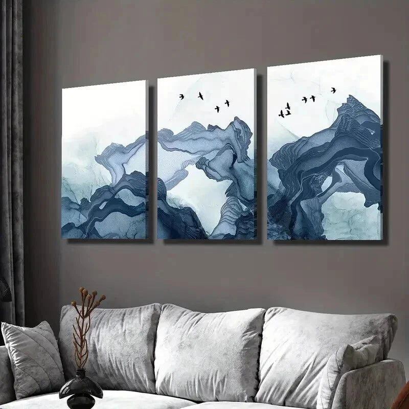 3pcs Soft Blue Smoke Waves and Birds Wall Art Set Canvas Framed 40x60cm - High Quality Print 100% Australian Made Wall Canvas Ready to Hang