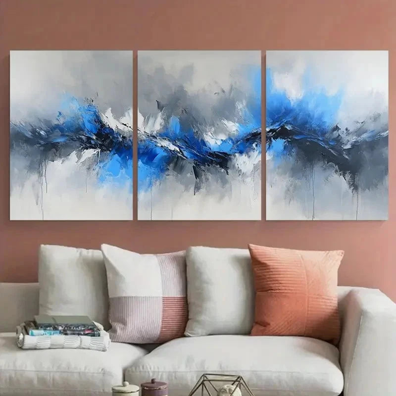 3pcs Modern Abstract Blue And Grey Illustration Wall Art Set Canvas Framed 50x70cm - High Quality Print 100% Australian Made Wall Canvas Ready to Hang
