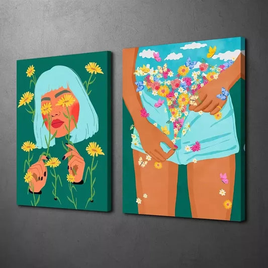 2pcs Floral Mood, So She Did The Girl Wanted to Bloom Canvas Framed 50x75cm - High Quality Print 100% Australian Made Wall Canvas Ready to Hang