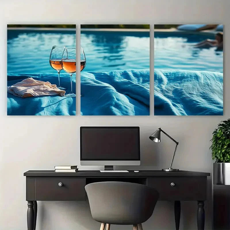 3pcs Wine o clock ski Wine & Bedsheet Pool Wall Art Set Canvas Framed 50x70cm - High Quality Print 100% Australian Made Wall Canvas Ready to Hang