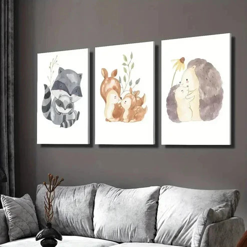 3pcs Raccoon Hedgehog Squirrel Families Wall Art Set Canvas Unframed - High Quality Print 100% Australian Made Wall Canvas