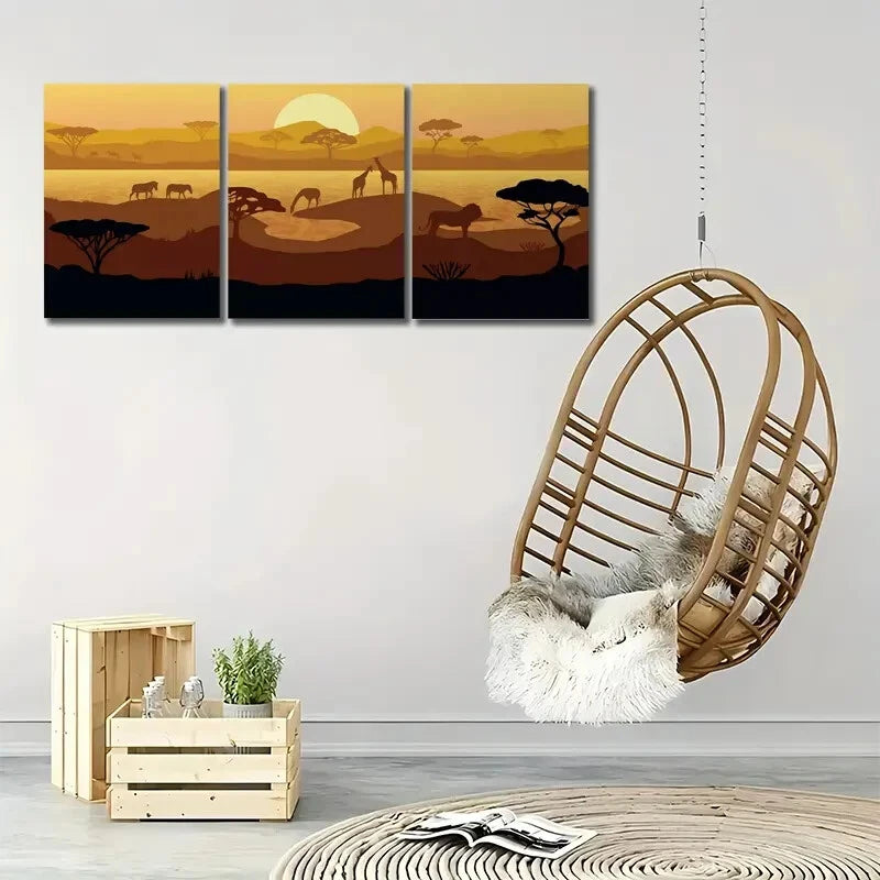 3pcs African Savanna Landscape Minimalist Metal Print Ready to Hang Art