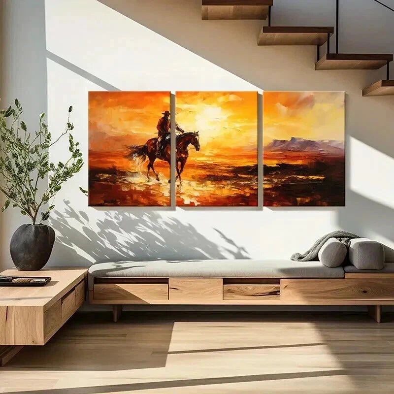 3pcs Cowboy on Horse in Sunset Landscape Wall Art Set Canvas Framed 40x60cm - High Quality Print 100% Australian Made Wall Canvas Ready to Hang