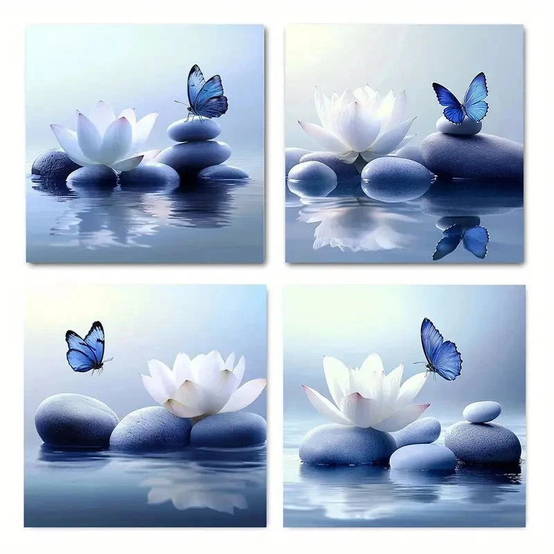 4pcs Flower And Blue Butterfly On Lake Picture Wall Art Canvas Framed