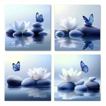 4pcs Flower And Blue Butterfly On Lake Picture Wall Art Canvas Framed