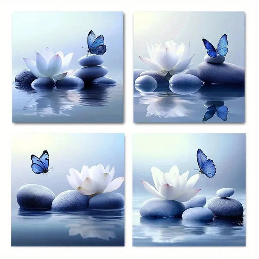4pcs Flower And Blue Butterfly On Lake Picture Wall Art Canvas Framed