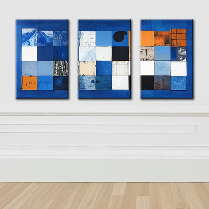 3pcs Blue square Abstract Illustration Wall Art Set Canvas Framed 60x90cm - High Quality Print 100% Australian Made Wall Canvas Ready to Hang