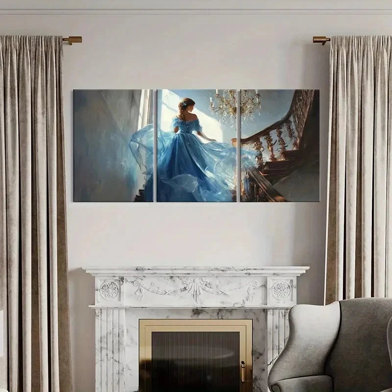 3pcs Elegant Princess Blue Gown Chandelier Metal Print Ready to Hang Art