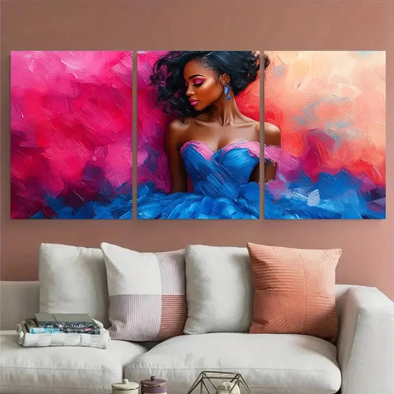 3pcs Illustration Modern Woman in Blue Pink Dress Metal Print Ready to Hang Art