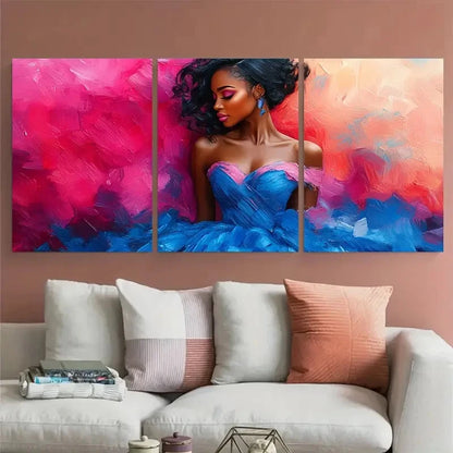 3pcs Illustration Modern Woman in Blue Pink Dress Metal Print Ready to Hang Art