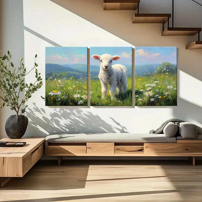 3pcs Lamb in Blossoming Meadow Pastoral Scene Metal Print Ready to Hang Art