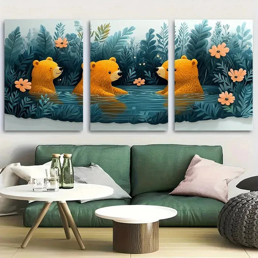 3pcs Baby Bear Jungle Playful Bathtub Scene Design Metal Print Ready to Hang Art