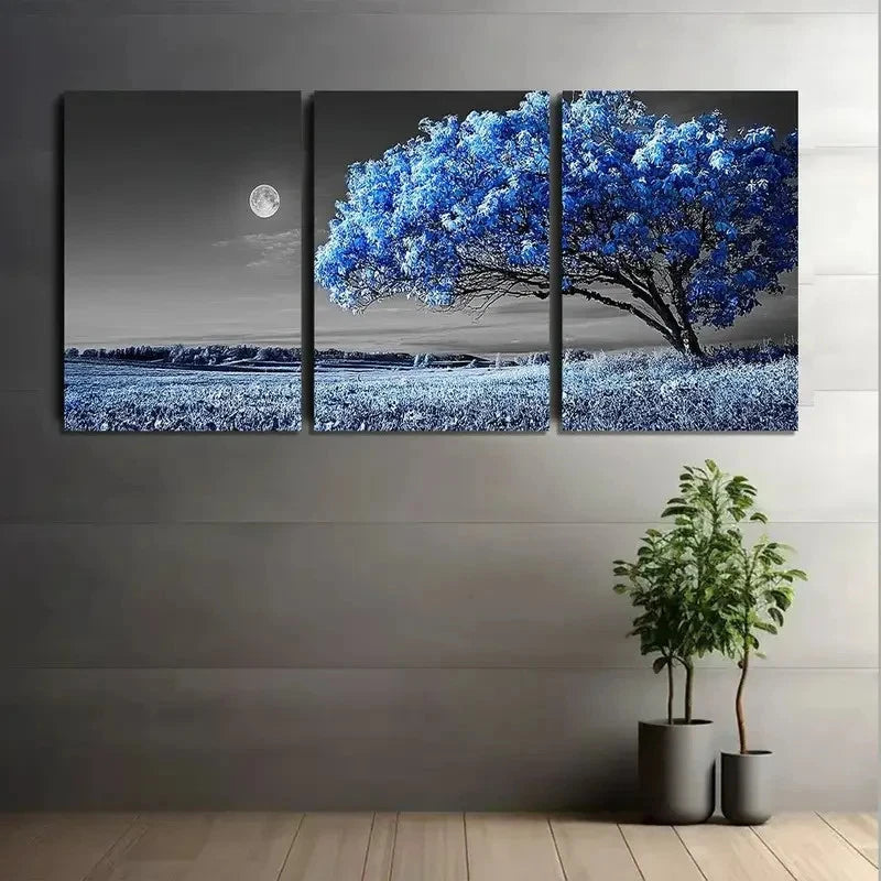 3pcs Blue-Leaved Tree Under Moonlight Poster Metal Print Ready to Hang Art
