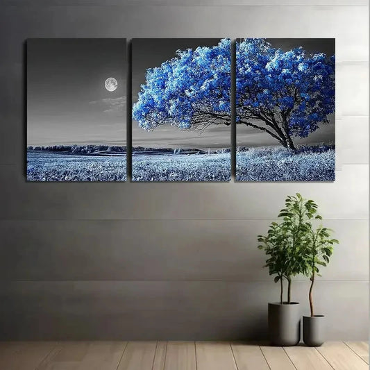 3pcs Blue-Leaved Tree Under Moonlight Poster Metal Print Ready to Hang Art