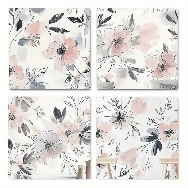 4pcs Abstract Hand painted flower Wall Art Canvas Framed